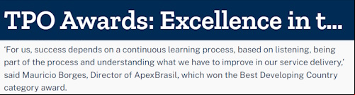 ApexBrasil é agraciada com o prêmio TPO Network Awards como a melhor Agência de promoção comercial do mundo entre os países em desenvolvimento